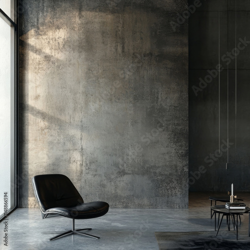 modern black chair in industrial style room with concrete wall. space features natural light and minimalistic decor, creating serene atmosphere