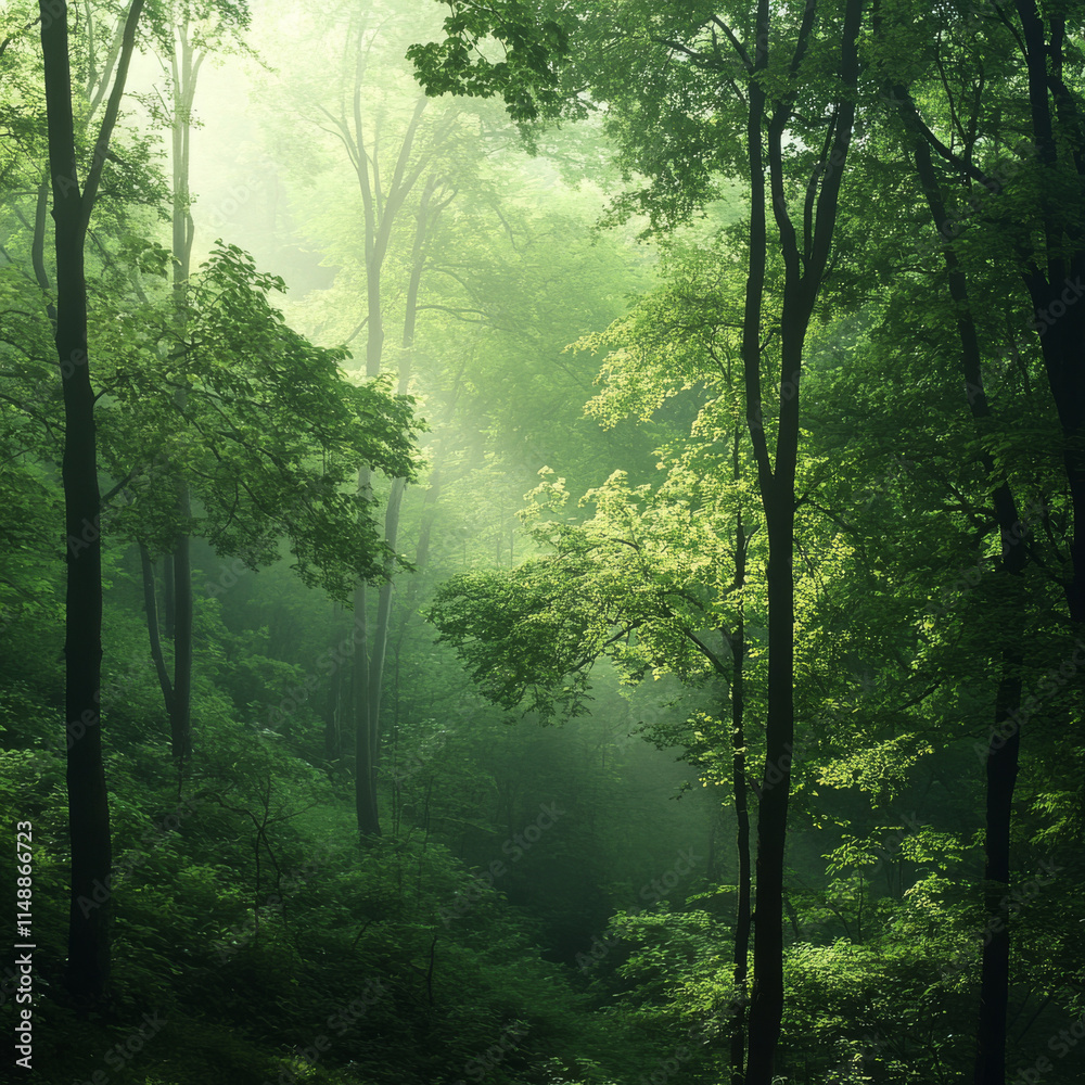 Fototapeta premium Lush green forest with sunlight filtering through trees, creating serene atmosphere