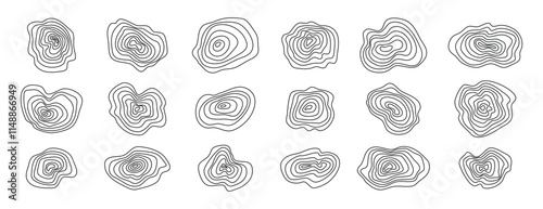 Organic textures of mountains set topographic lines. Abstract wooden round shapes. Vector scribbles