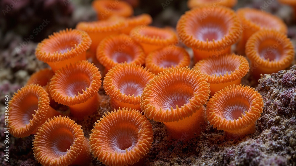 Vibrant orange cup corals with glowing polyps on a rocky surface Vibrant orange cup corals with glowing polyps on a rocky surface