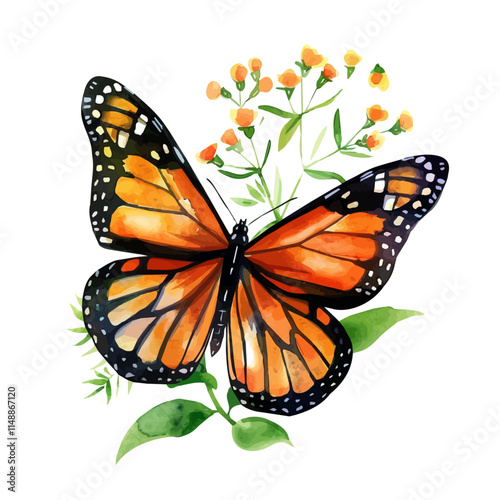 A watercolor drawing of a vivid monarch butterfly on a summer bloom, isolated on a white background. Butterfly vector.
