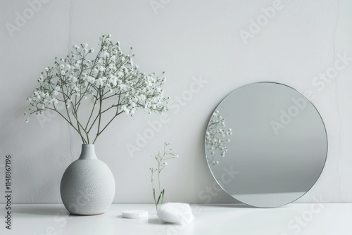 Minimalist gray background for product photography with just one object as the highlight, on a white table against a white wall with soft lighting
