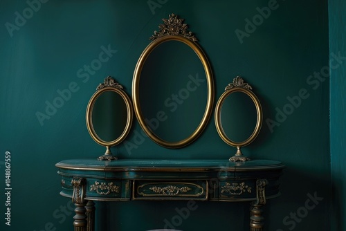 Vintage gold dressing table with mirror and three reflections on a dark green wall background photo