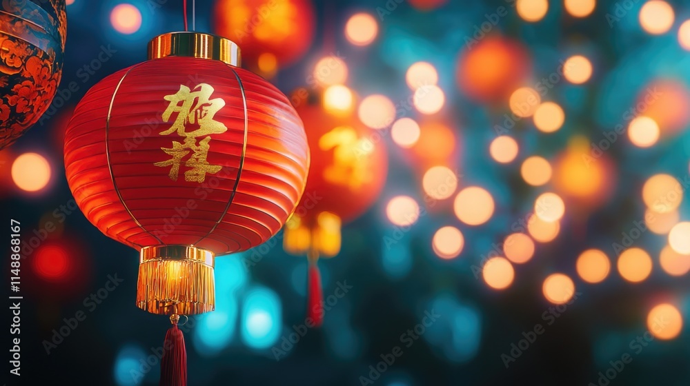 Vibrant red chinese lanterns illuminating festive atmosphere with glowing bokeh lights Happy Chinese New Year Vibrant red chinese lanterns illuminating festive atmosphere with glowing bokeh lights Happy Chinese New Year