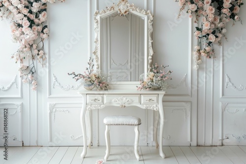 White dressing table with mirror and stool in a luxury room,