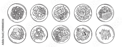 Meal served on plate top view hand drawn doodle icons vector set. Outline drawing line clipart symbol hand drawn fried meal collection