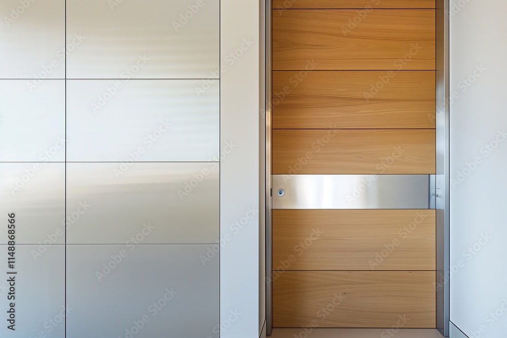 A two-toned door combining a natural oak top half with a matte white bottom half, separated by a narrow, horizontal brushed metal strip A two-toned door combining a natural oak top half with a matte white bottom half, separated by a narrow, horizontal brushed metal strip