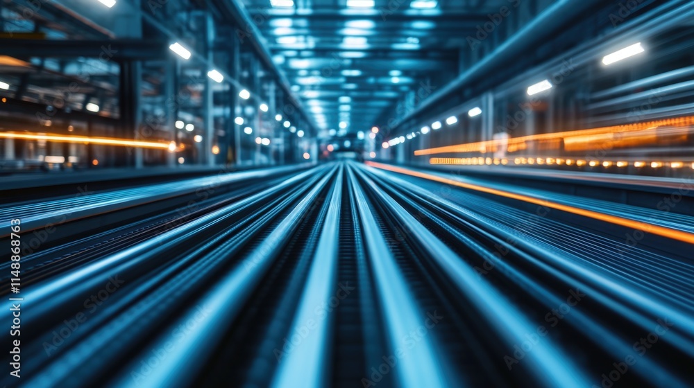 Futuristic high-speed railway tunnel with motion blur and neon lights Futuristic high-speed railway tunnel with motion blur and neon lights