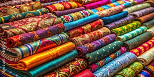 Colorful Fabric Textures, Patterned Textiles, Vibrant Cloth Display, Rich Fabric Collection, Textile Design Photography