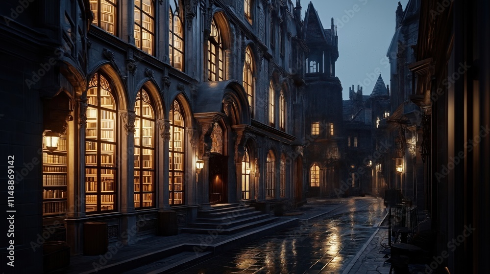 Enchanted night street with glowing library windows. Ornate buildings line cobbled street. Warm light emanates from library windows displaying books. Vintage lanterns cast shadows. Mysterious, Enchanted night street with glowing library windows. Ornate buildings line cobbled street. Warm light emanates from library windows displaying books. Vintage lanterns cast shadows. Mysterious,