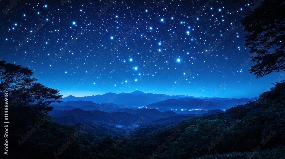 Starry night sky over silhouetted mountains and trees.