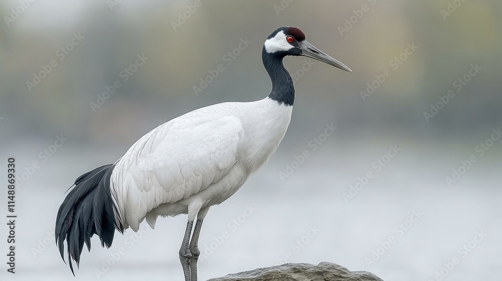 Naklejka premium White-naped crane standing on a rock near water.