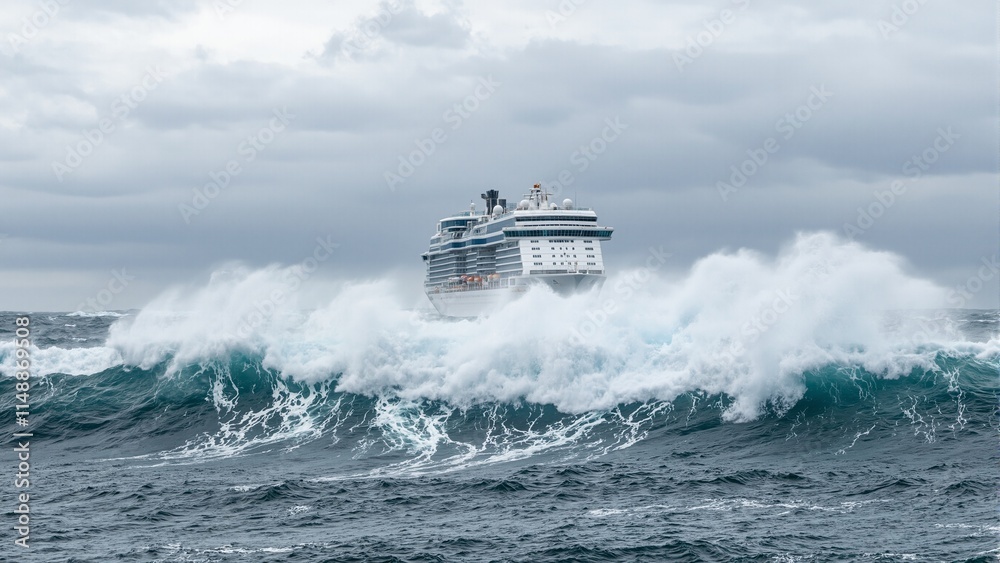 Naklejka premium Dramatic image of a cruise ship battling massive waves in a storm white sides splashed horizon hidden by dark clouds