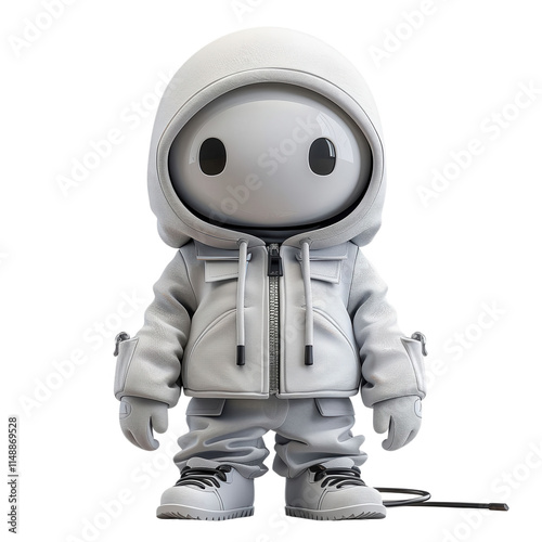 A white robot with a hoodie on and a pair of white shoes