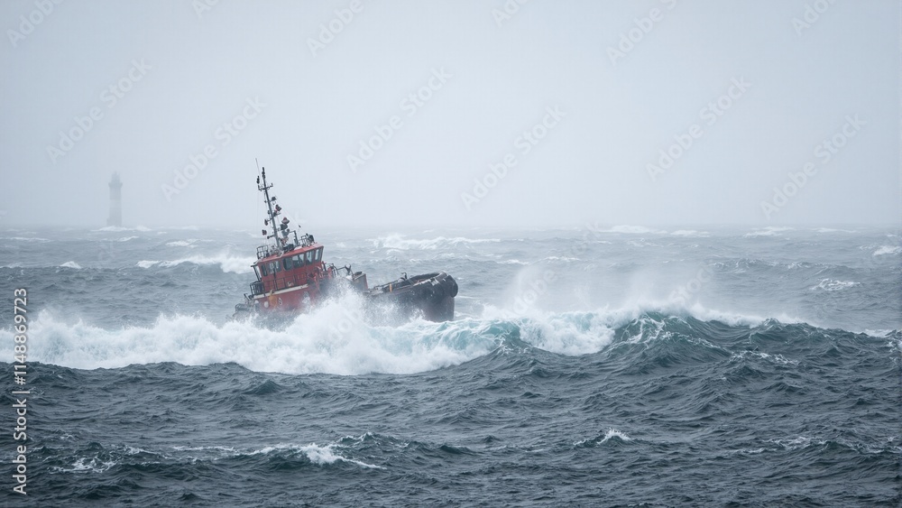 Obraz premium Dramatic scene of a tugboat in stormy seas waves crashing over deck lighthouse on horizon