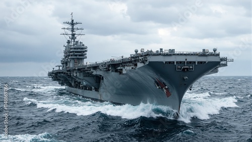 Powerful naval aircraft carrier braving stormy seas under dark clouds drenched deck as waves crash against its bow