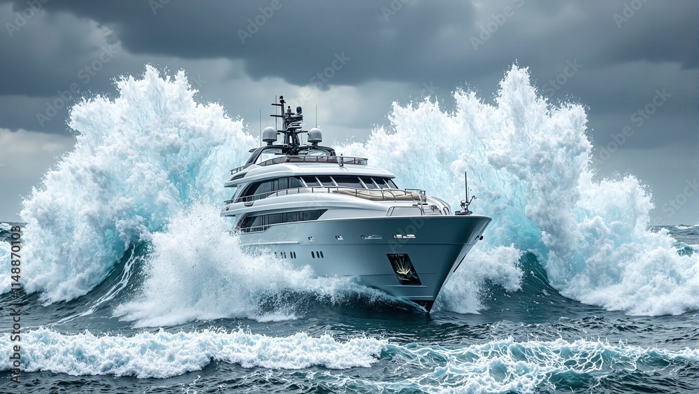 Naklejka premium Luxury yacht battling massive waves under stormy skies