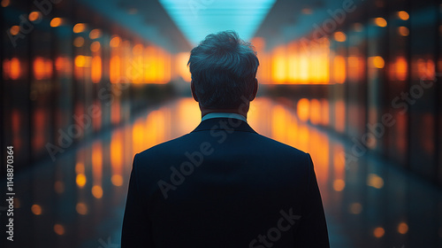 businessman seen from behind, his posture heavy with despair, facing blurred office chaos. The image symbolizes financial crisis, bankruptcy, and the emotional toll of corporate challenges
