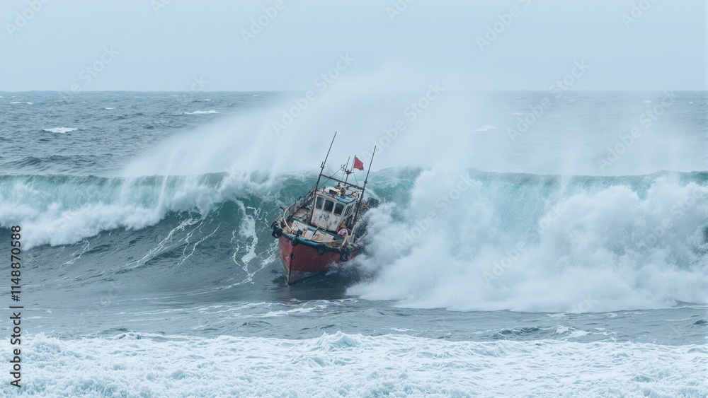 Naklejka premium Dramatic scene of a fishing boat battling a massive wave during a storm at sea