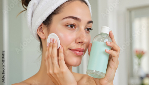 Young woman applying toner with a cotton pad for gentle exfoliation, in a bright bathroom setting, wearing a white towel headwrap, showcasing a fresh and radiant skincare routine