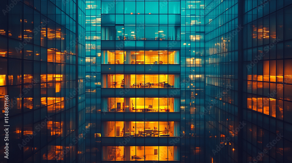 striking architectural landscape of a commercial building in a bustling city center, symbolizing modernity, ambition, and the chaos of urban life amid structured beauty