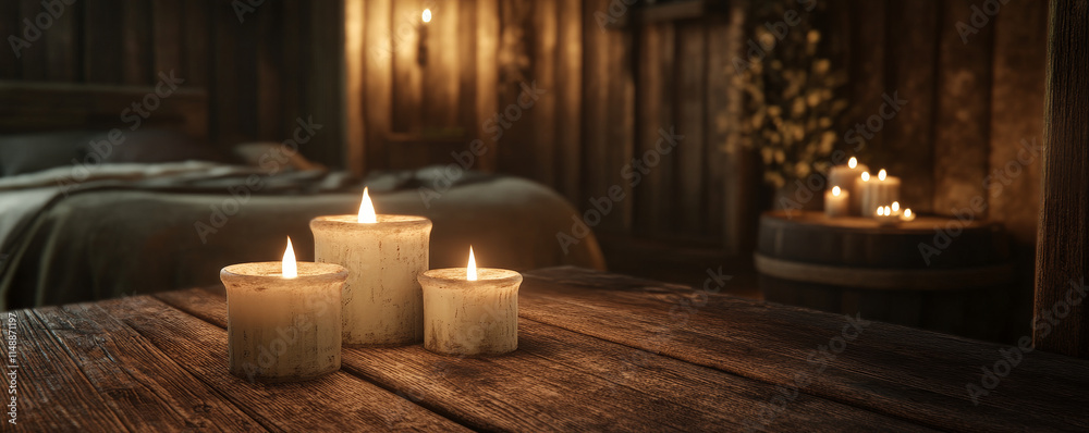 Elegant scented candles arranged on rustic wooden table, creating warm and inviting atmosphere in cozy bedroom Elegant scented candles arranged on rustic wooden table, creating warm and inviting atmosphere in cozy bedroom