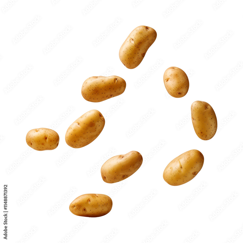 Falling fresh potatoes isolated on transparent background remove png, clipping path