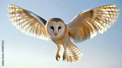 Majestic barn owl in flight against a clear blue sky photo