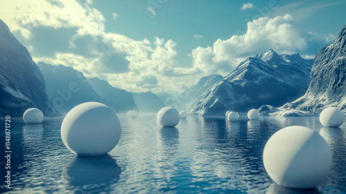 White Spheres floating creating a futuristic landscape 