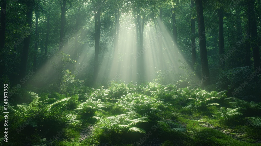 Sunbeams illuminate a misty forest floor covered in ferns. Sunbeams illuminate a misty forest floor covered in ferns.