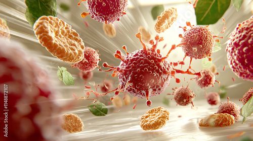 cancer cells attacking healthy cells, with sharp contrasts and vibrant colors to emphasize the cellular interaction. photo