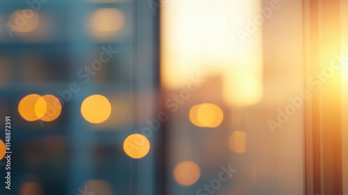 A blurred background of a modern office building exterior during sunset with glowing windows