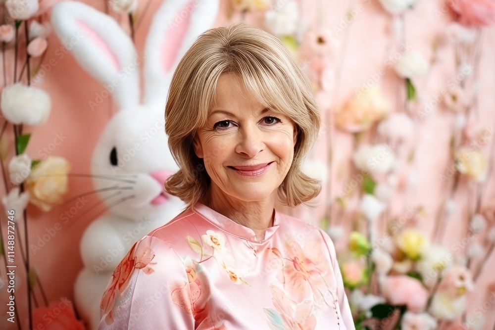 Portrait of happy senior woman with easter bunny and flowers background Portrait of happy senior woman with easter bunny and flowers background