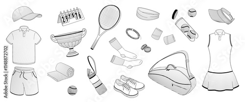 tennis equipment set, workout clothes for man and women, racket, ball, shoes, bag, tennis strings, vibration dampener, towel, wristbands, thermal bottle
