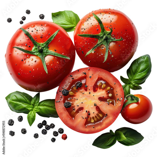 A close up of a tomato with a basil leaf on top