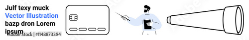 Business professional holding a clipboard, pointing at screen, adjacent to a telescope icon and sample text. Ideal for business strategy, presentations, vision, focus, education, leadership
