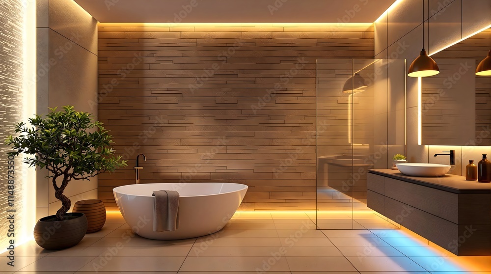 Fototapeta premium Bright Modern Bathroom with Freestanding Tub and Wood Accents