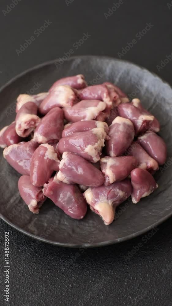 Raw chicken hearts with salt, spices and herbs on a dark concrete background Raw chicken hearts with salt, spices and herbs on a dark concrete background