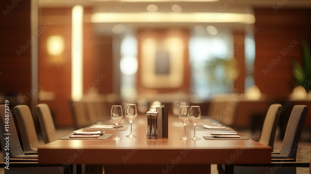 Fototapeta premium Blurred background of a boardroom table with chairs arranged around it