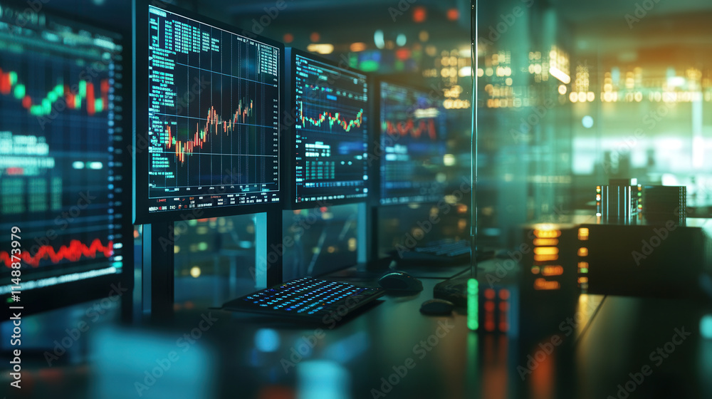 Blurred background of stock market graphs on multiple monitors in a trading room Blurred background of stock market graphs on multiple monitors in a trading room