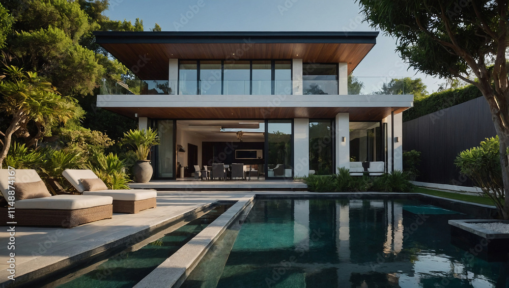 Fototapeta premium Modern Two-Story House with Swimming Pool and Patio