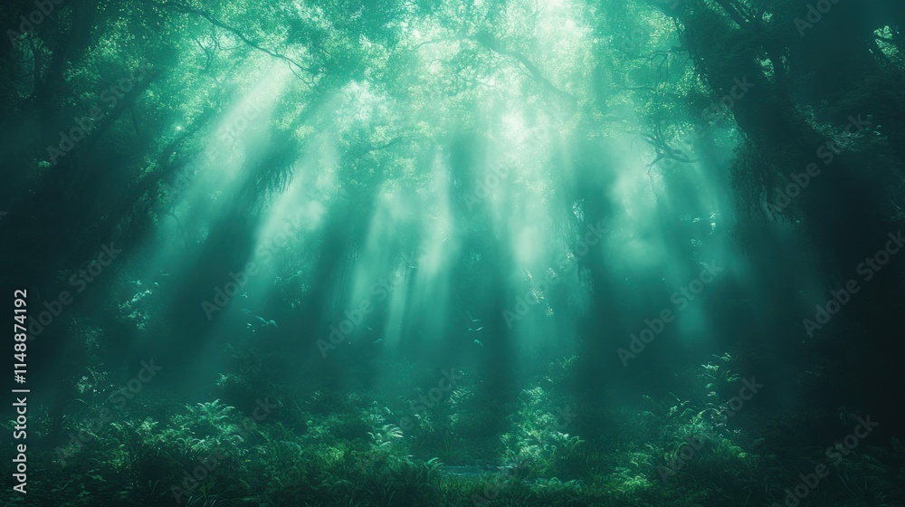 Fototapeta premium Sunbeams shining through misty green forest.