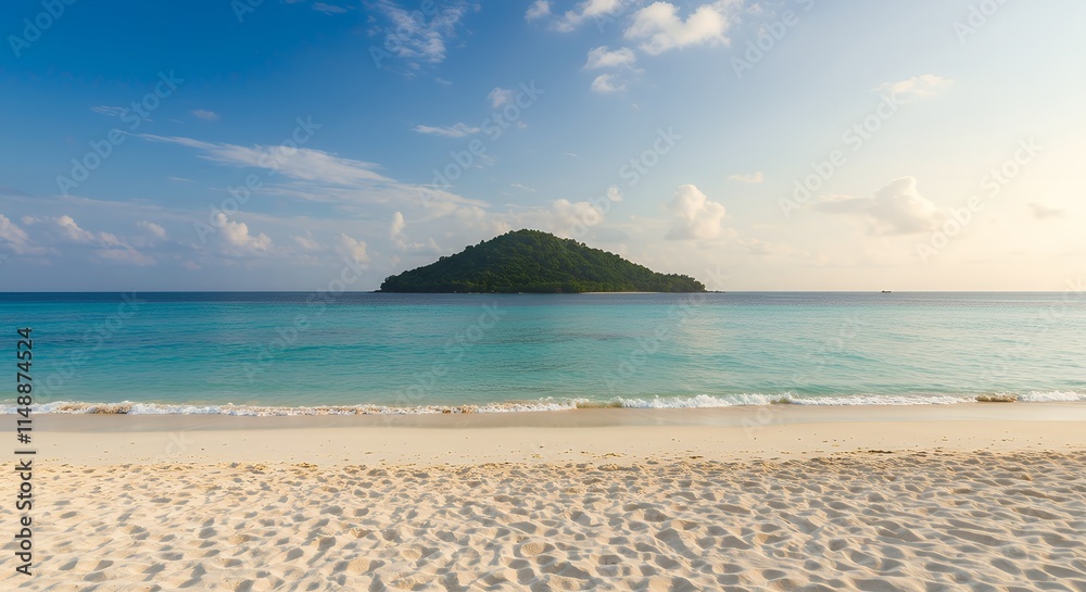 Fototapeta premium Sandy tropical beach with island on background.