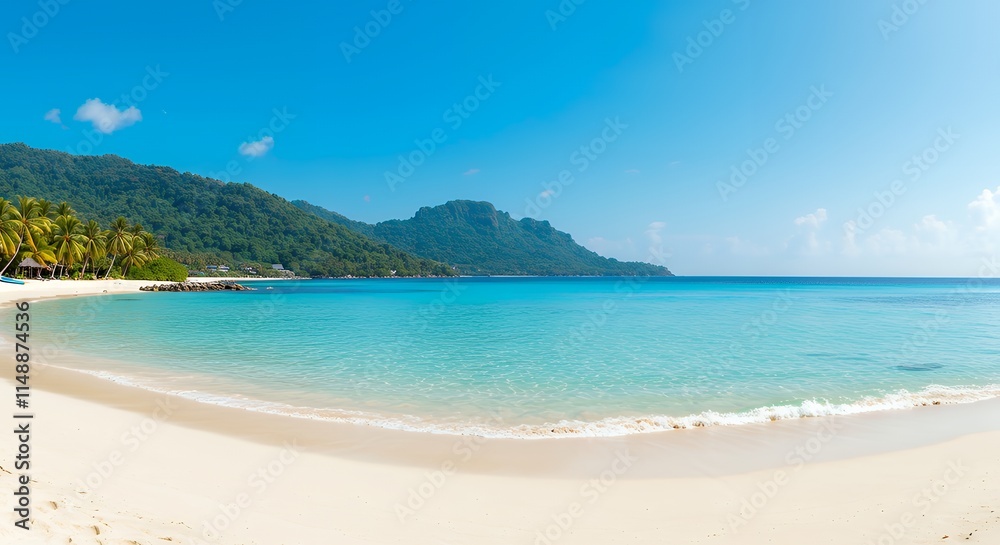 Sandy tropical beach with island on background. Sandy tropical beach with island on background.