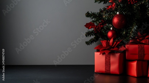 Elegant Christmas Still Life: Red Presents Under a Decorated Tree photo