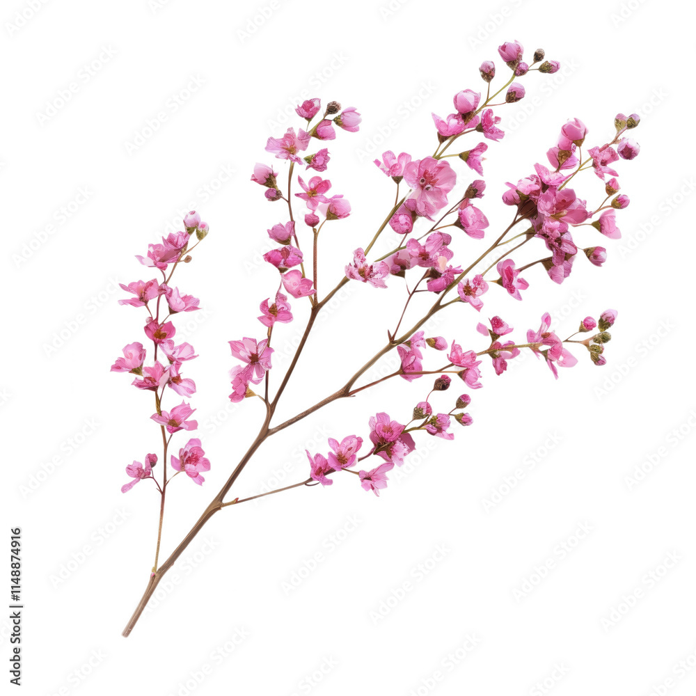 A pink flower with a stem is shown in a white background