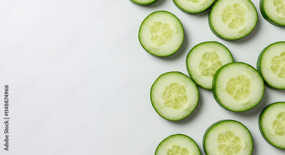Slices of fresh, juicy, ripe cucumber on a clean light white background. Minimalist concept, copyspace. The concept of healthy eating. Slices of fresh, juicy, ripe cucumber on a clean light white background. Minimalist concept, copyspace. The concept of healthy eating.