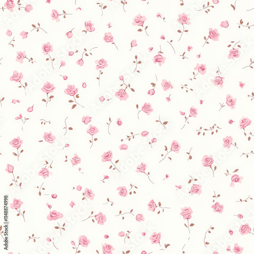 Small cute pink rose pattern, ditsy and pretty simple vibe. Seamless pattern for girl and woman dress, fashion fabric textile.