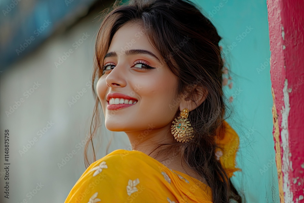 A CHEERFUL YOUNG WOMAN WITH GULAL ALL OVER LOOKING AWAY AND POSING, CLOSE UP A CHEERFUL YOUNG WOMAN WITH GULAL ALL OVER LOOKING AWAY AND POSING, CLOSE UP