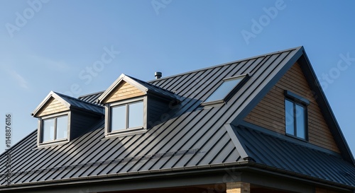 The upper part of the house. The roof of the house from a metal profile against the sky.